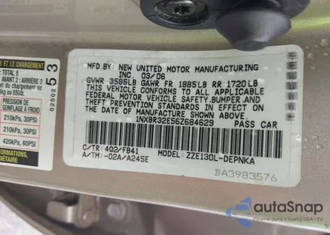 2006 Toyota Corolla Le из США, поврежденный, VIN 1NXBR32E56Z684629